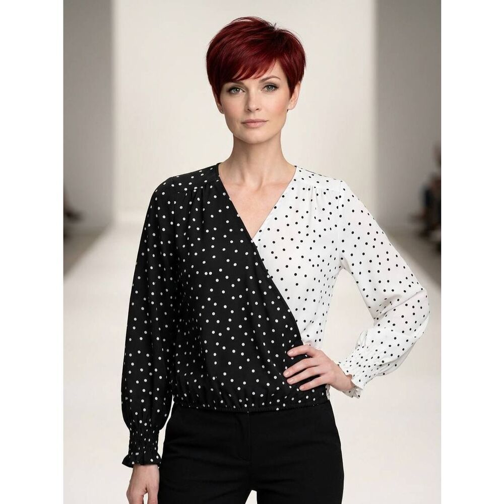 💜Kaywide Black & White Polka Dot Surplice Wrap Long Sleeve Top Large